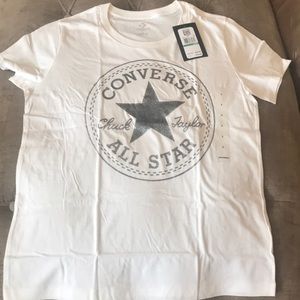 NWT Converse White with silver glitter Logo Short Sleeve Tee  SzL
